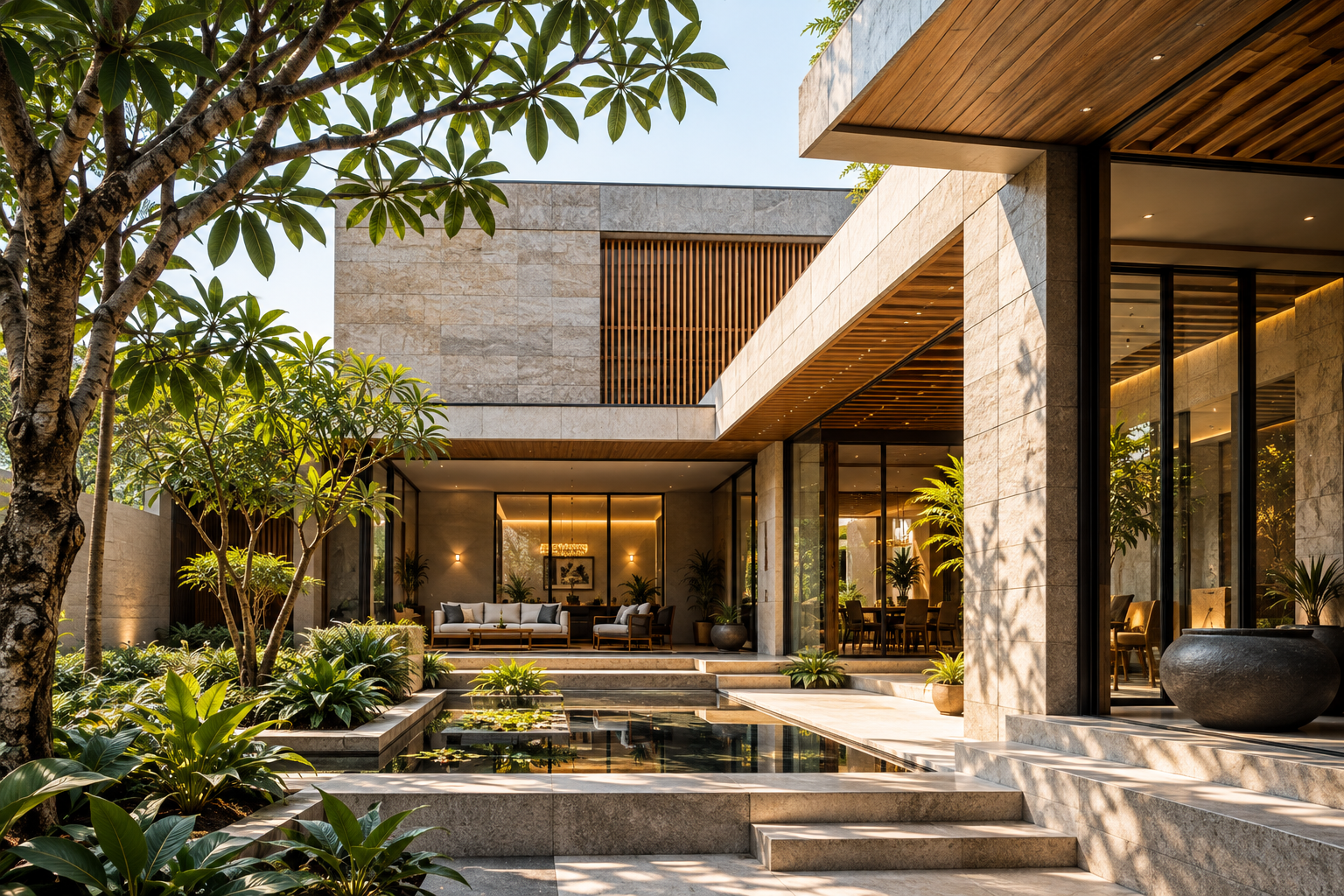 Contemporary Mayamatam architectural residence with natural stone, timber and landscaped courtyard